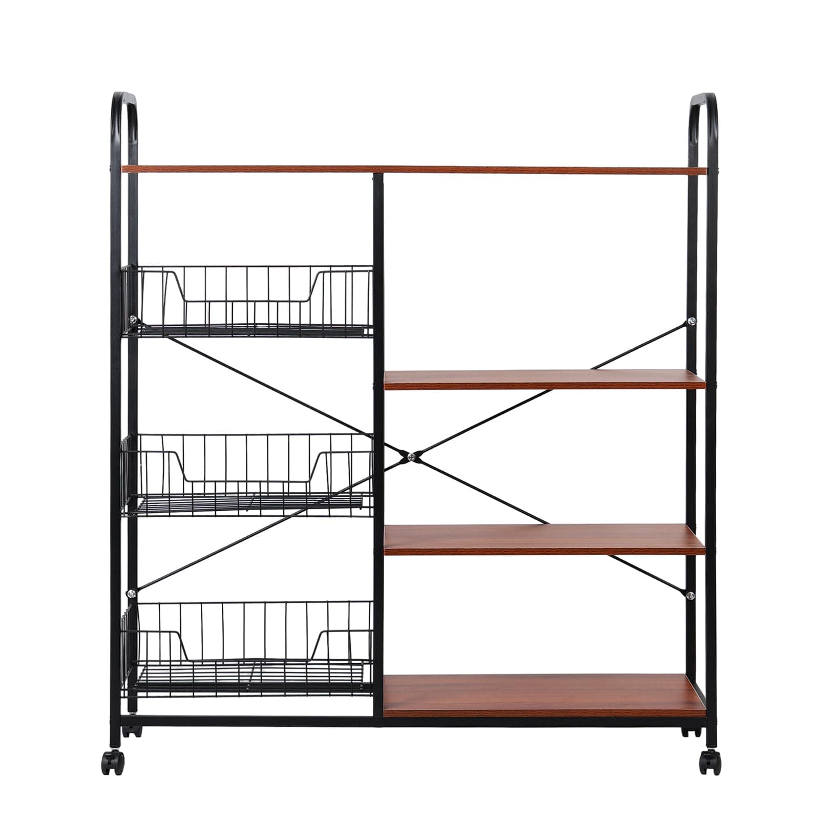 4-Tier Bakers Rack with Storage & Wheels, Coffee Bar with 3 Wire Basket, Utility Microwave Stand with Cabinet, Kitchen Organizer Shelf, Vintage Brown