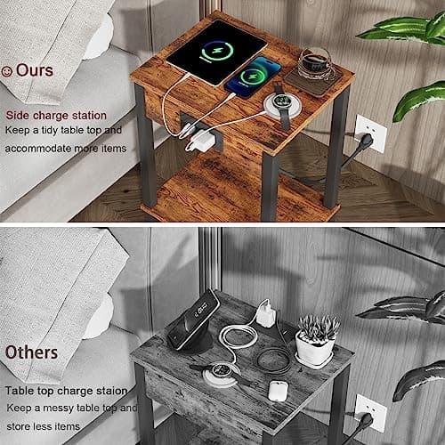 2-Piece End Table Set with Charging Station for Small Spaces