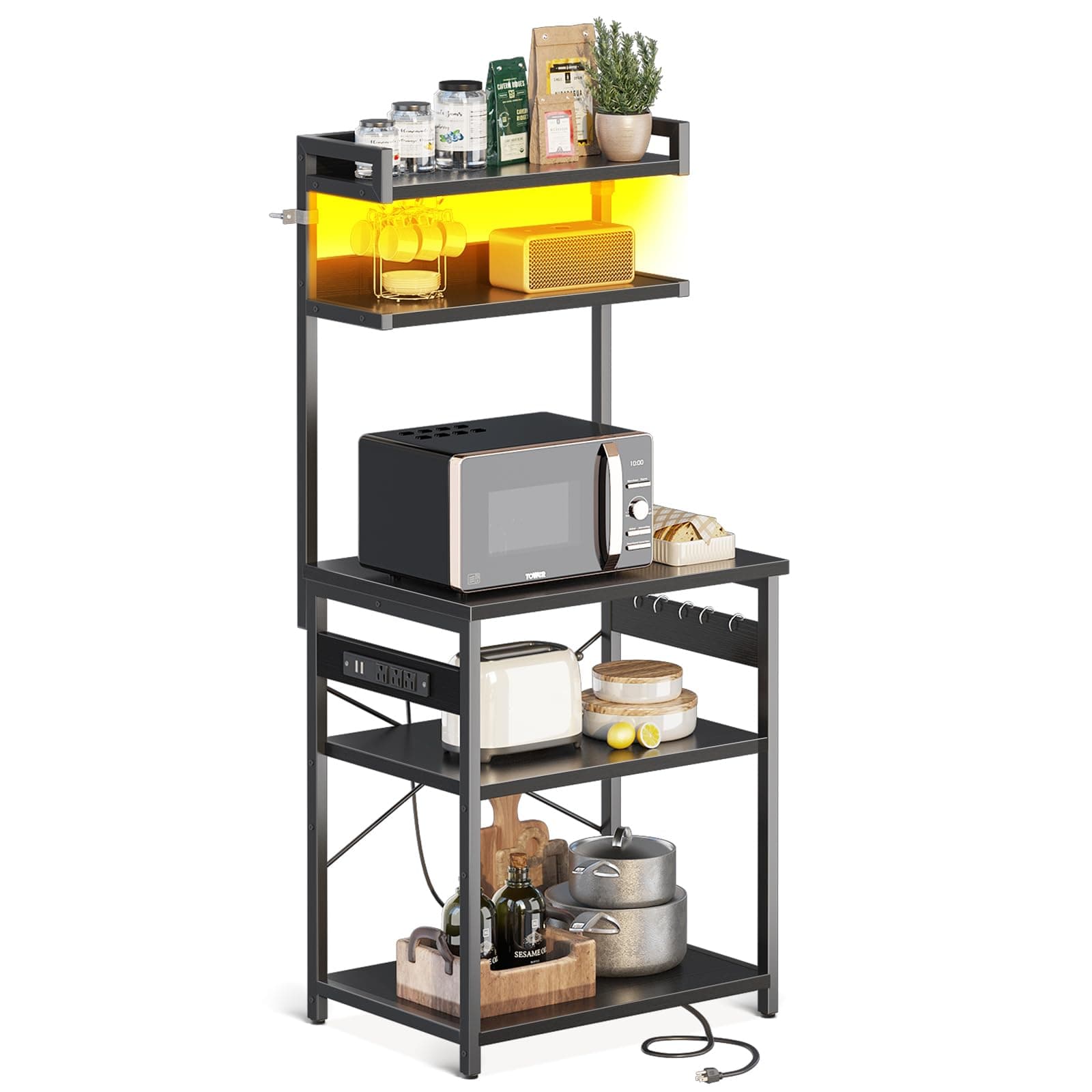 ODK 5-Tier Bakers Rack with Power Outlet, Black Kitchen Shelf