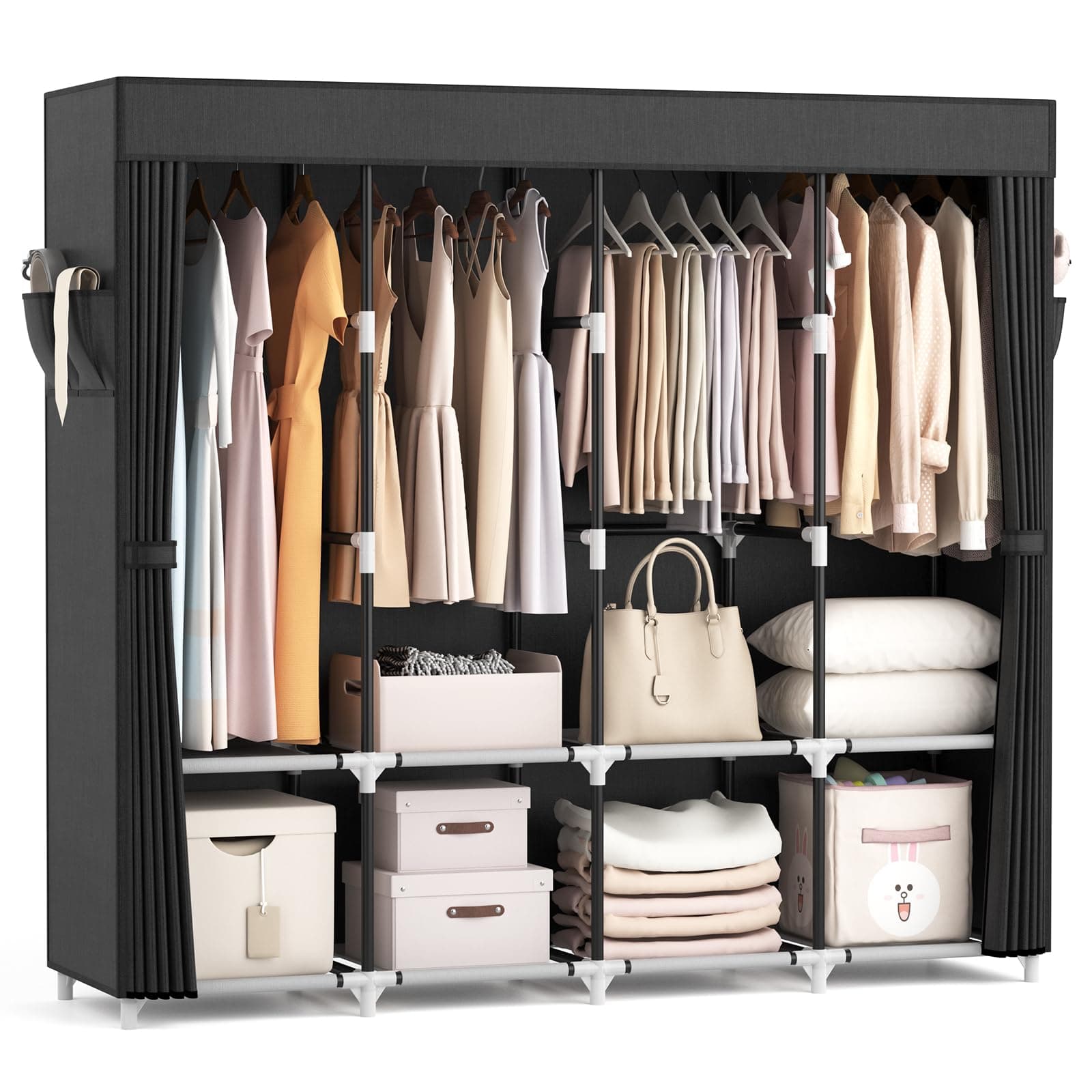 Portable Wardrobe Closet for Hanging Clothes with Cover, Storage Shelves, and Hanging Rods