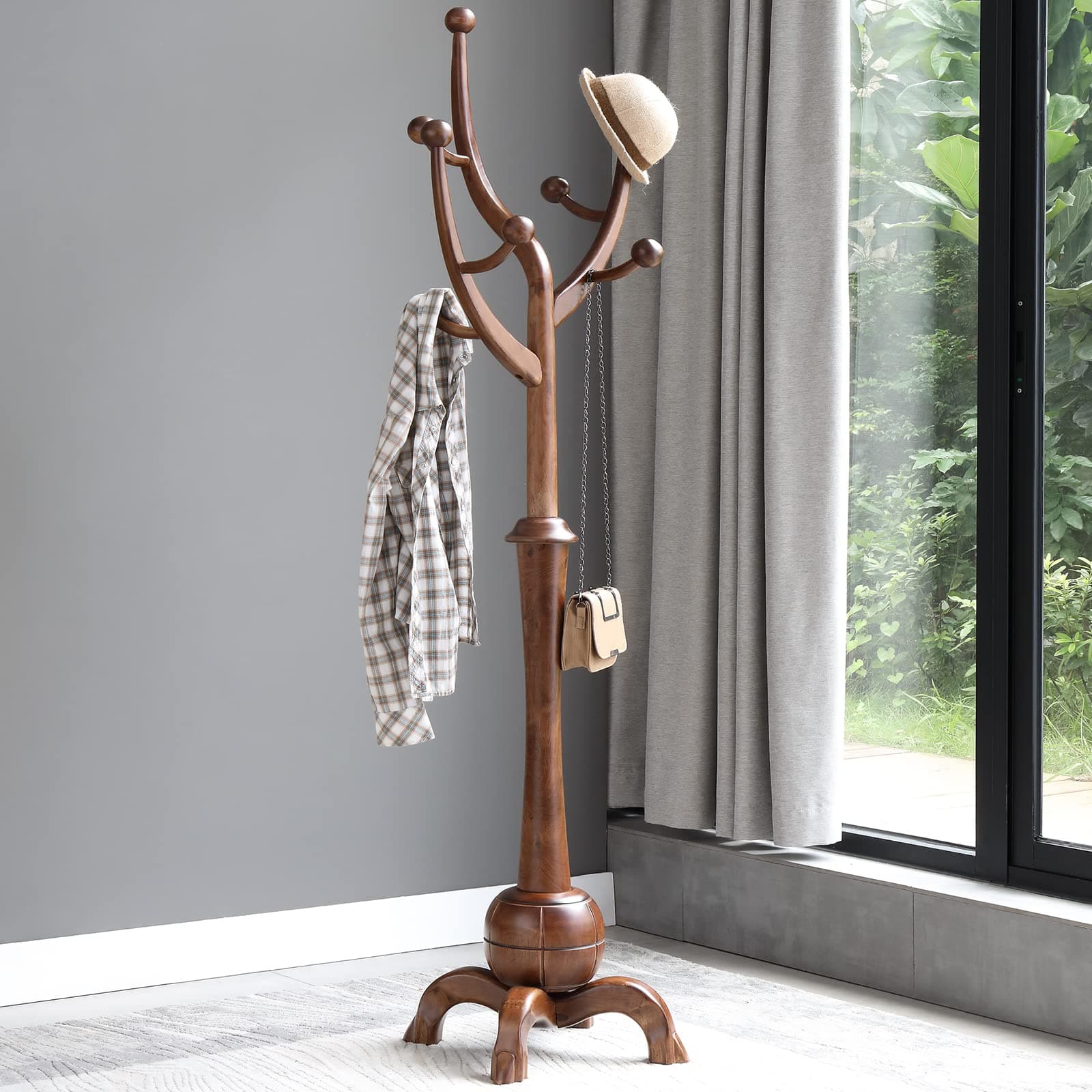 Wooden Coat Tree with 8 Hooks for Entryway or Bedroom - Holds 160lb