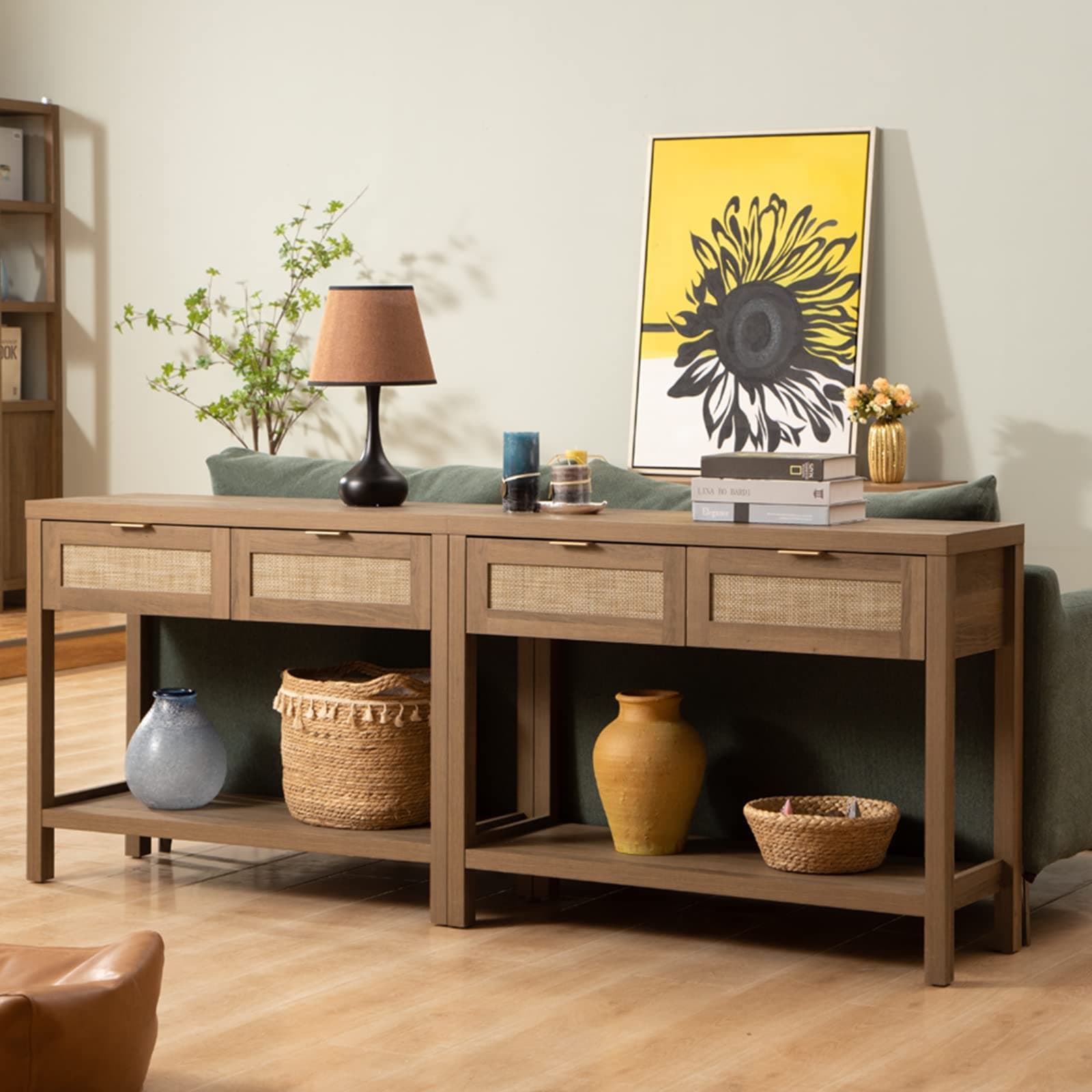Boho Console Table Set with Rattan Drawers for Living Room