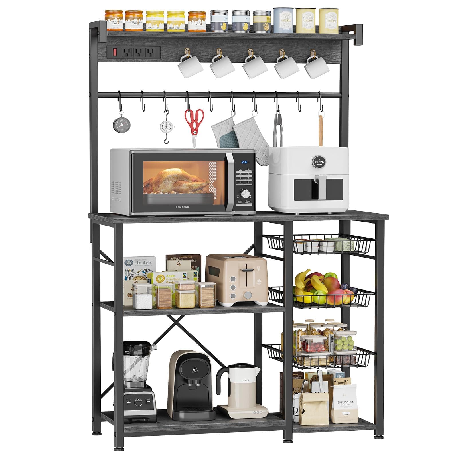 Gray Oak Large Bakers Rack with Power Outlets, 38.8 Inches, 15 Hooks, 3 Wire Baskets