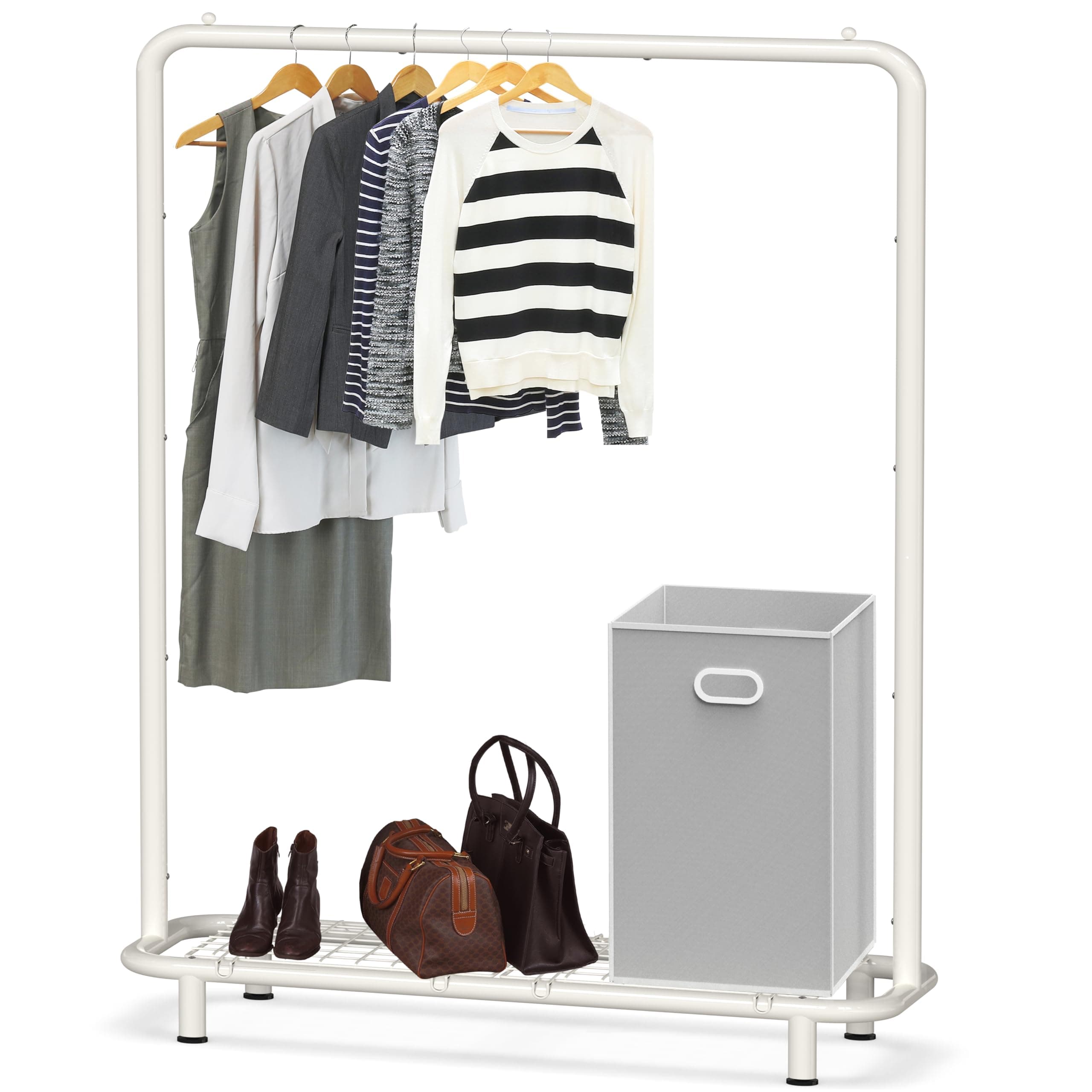 Industrial White Clothing Rack with Bottom Shelves