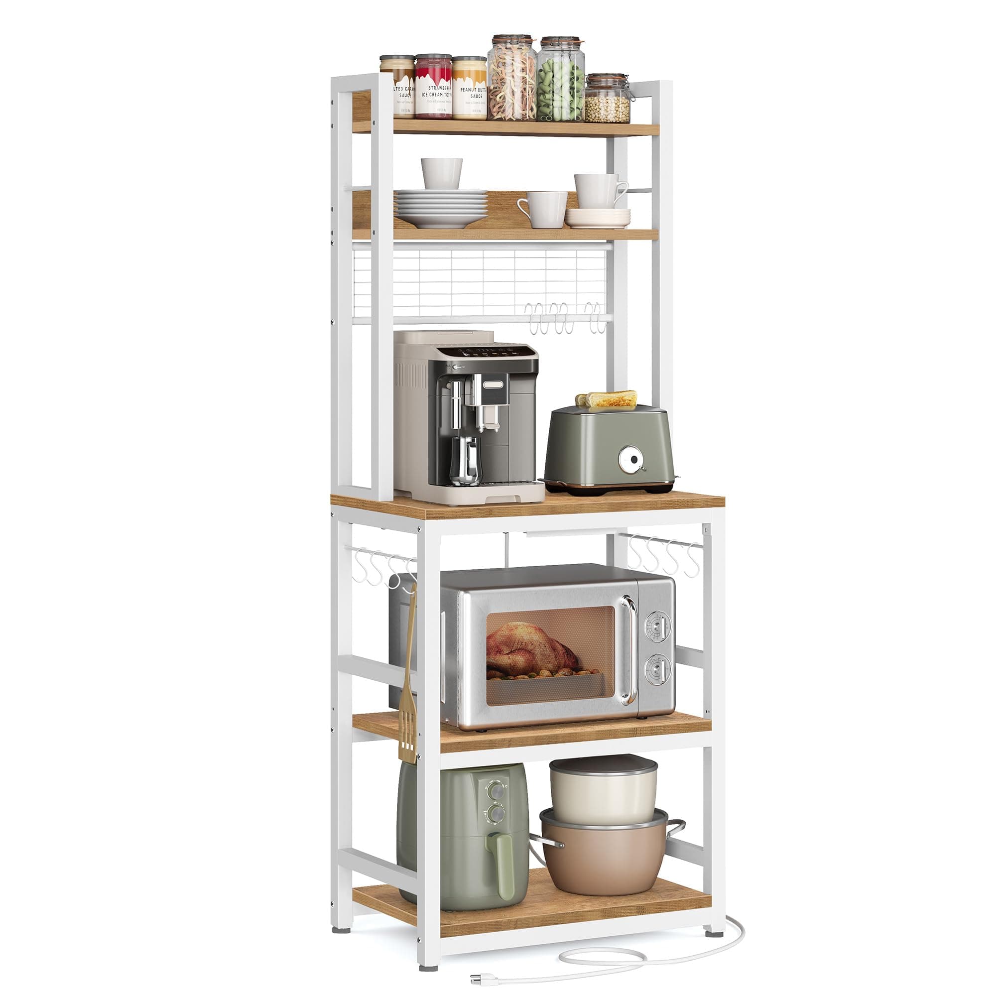 VASAGLE Microwave Stand with Power Outlet, 14 Hooks, 66.9 Inches Tall UKKS037W41