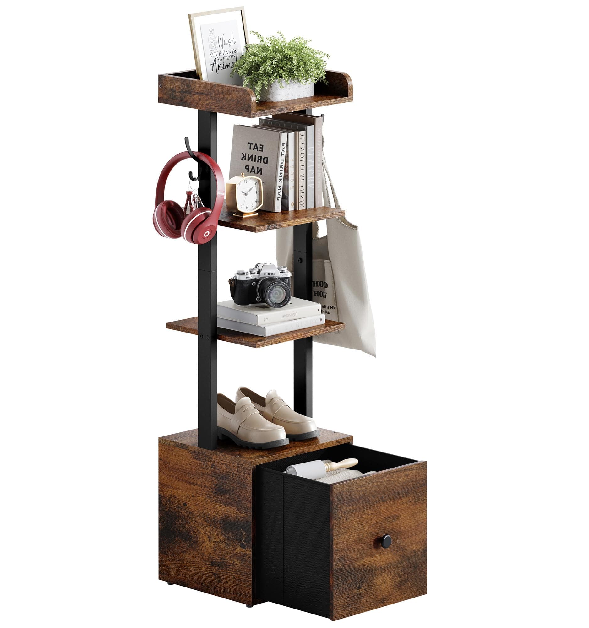 Vertical Shoe Rack with Hooks - Rustic Brown
