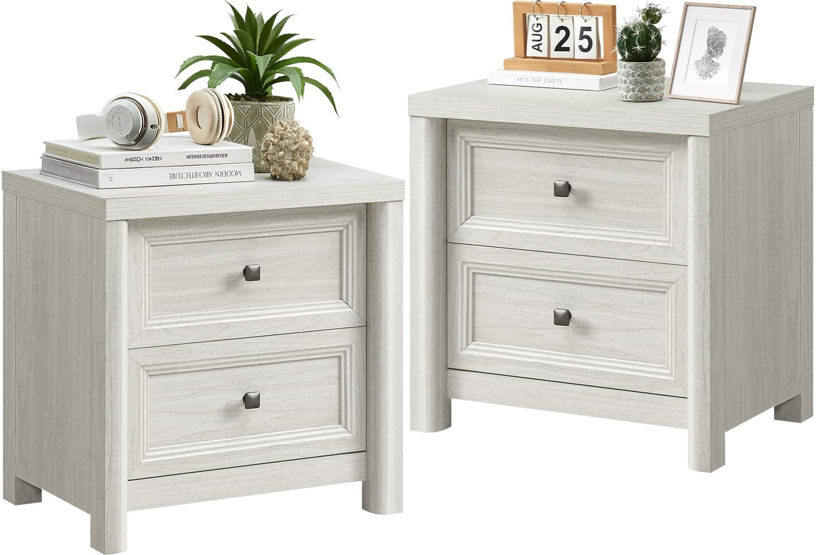 Farmhouse White Night Stands Set of 2, 2 Drawer Storage, Large Rustic Wood Bedside Tables