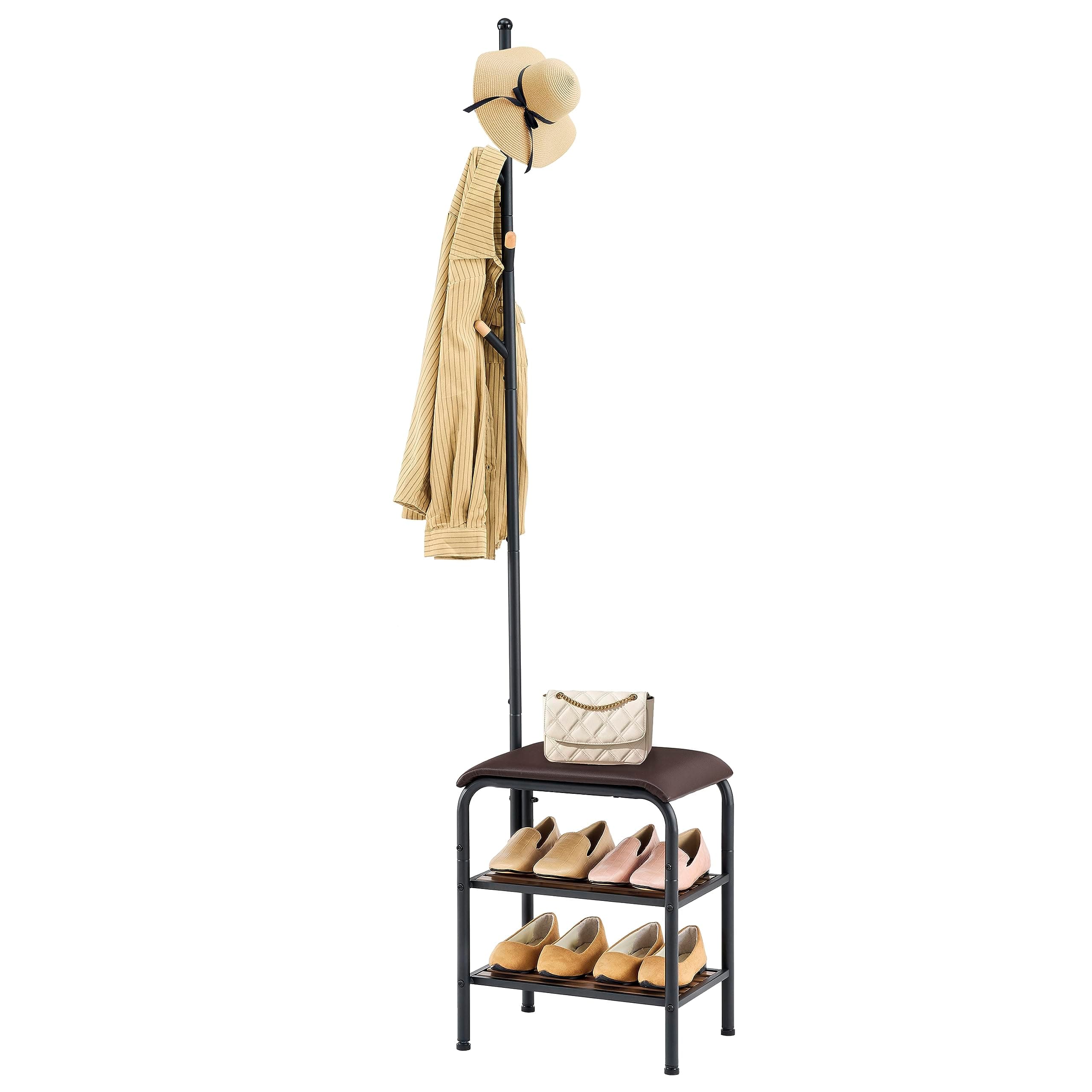 3-in-1 Metal Coat Rack Stand Shoe Bench for Entryway Hallway Bedroom