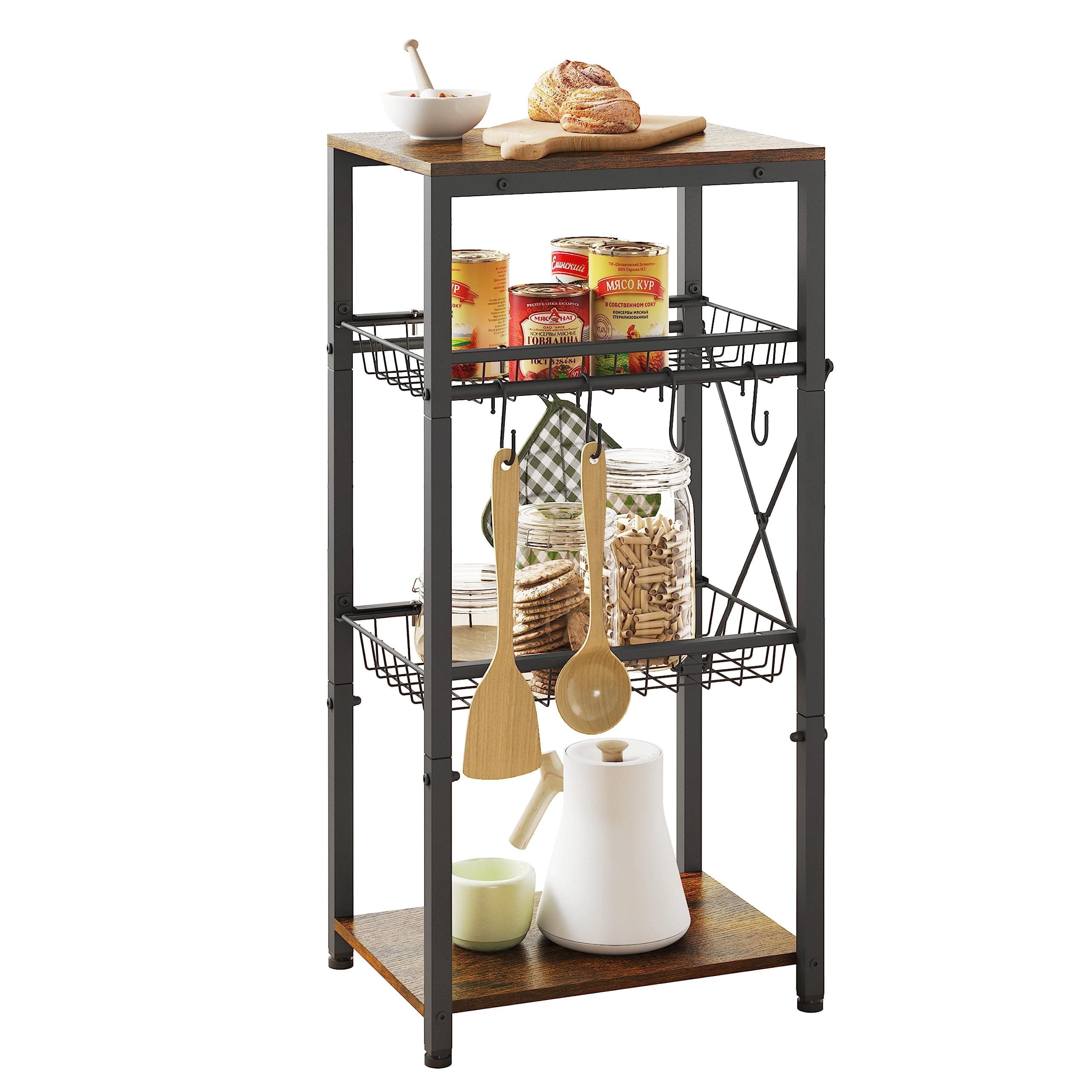 Kitchen Bakers Rack with Storage Shelf, Wire Basket & Hooks - Rustic Brown