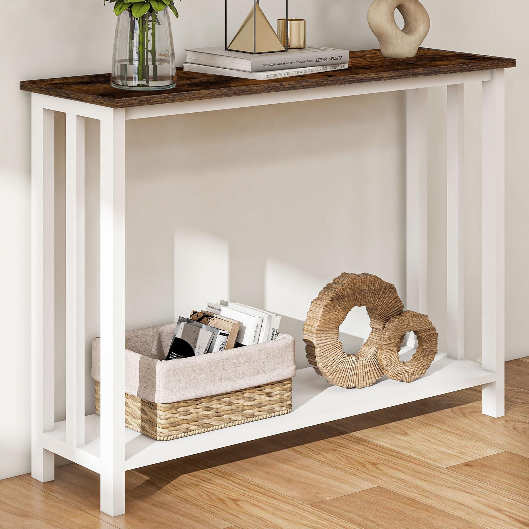 Solid Wood Console Table with Storage Shelves, Rustic White