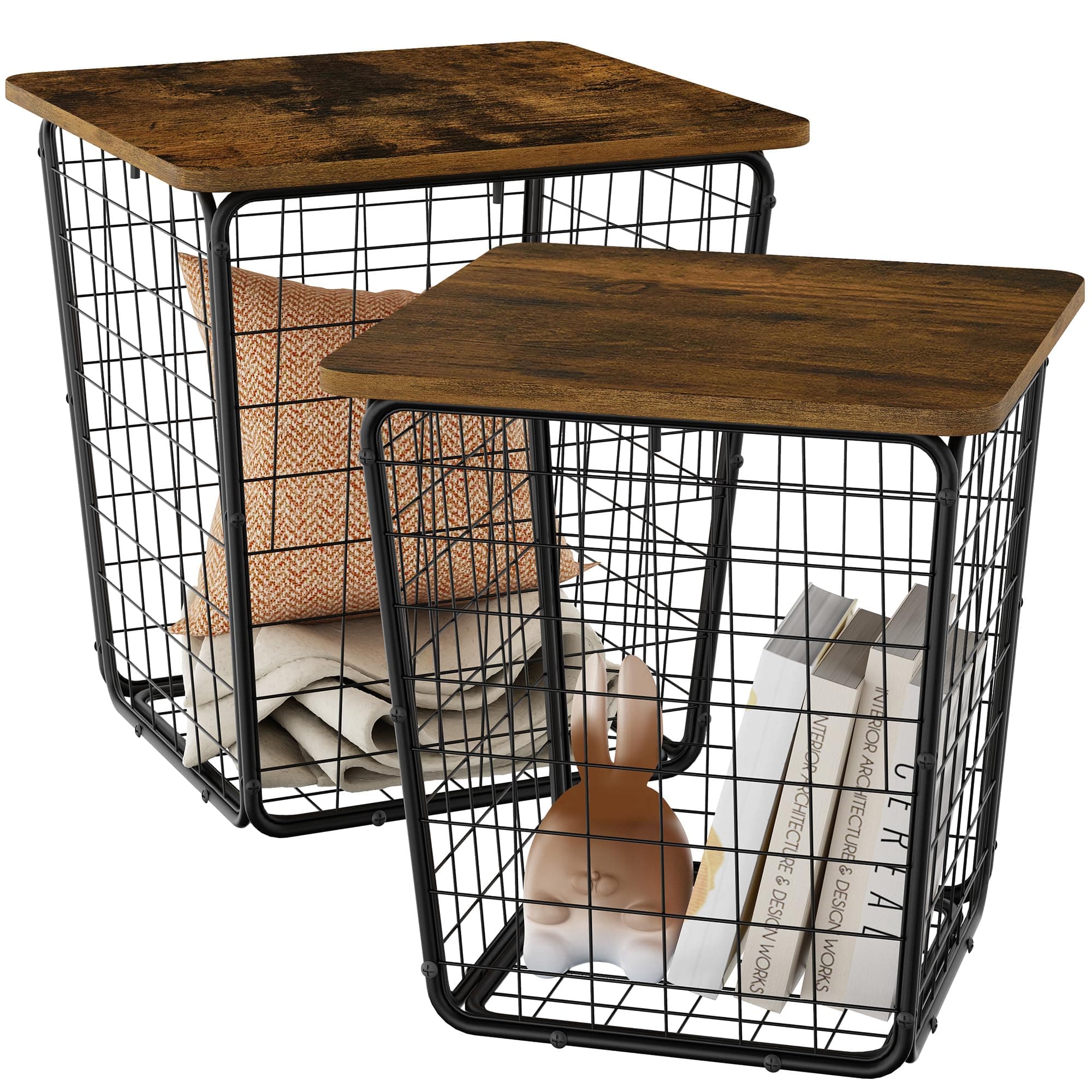 Nesting Coffee Table with Storage - Set of 2 Side Tables with Wire Basket