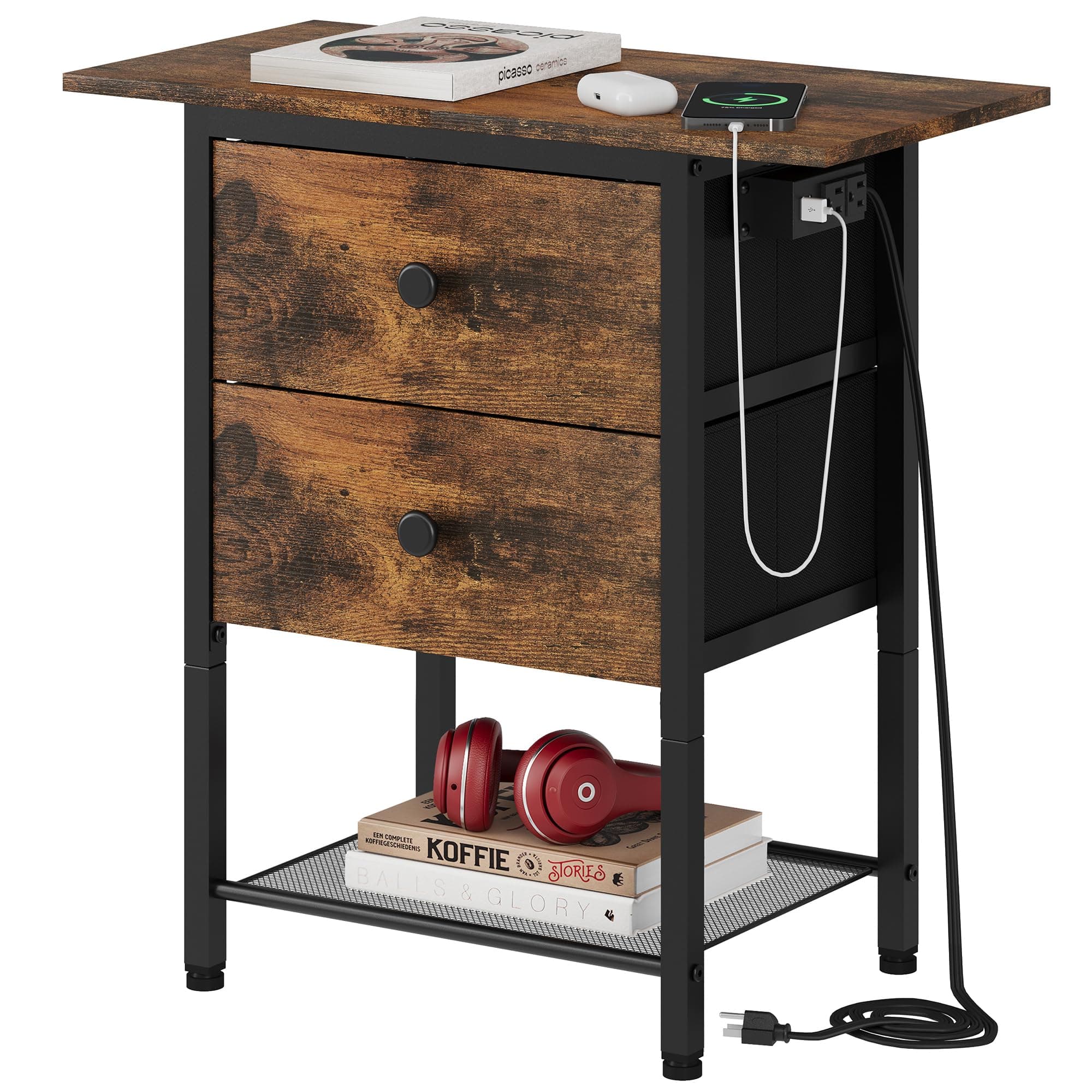End Table with Charging Station and Drawers, Slim Side Table with USB Ports, Rustic Brown Wood Desktop Table