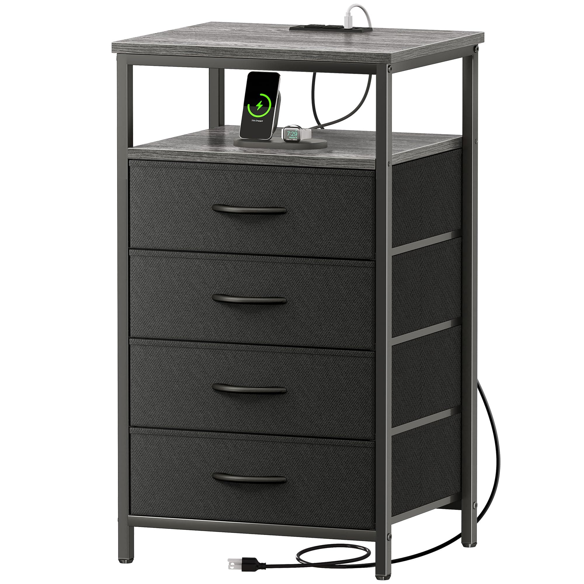 Huuger 33.9 Inch Tall Night Stand with Charging Station & 4 Drawers, Gray