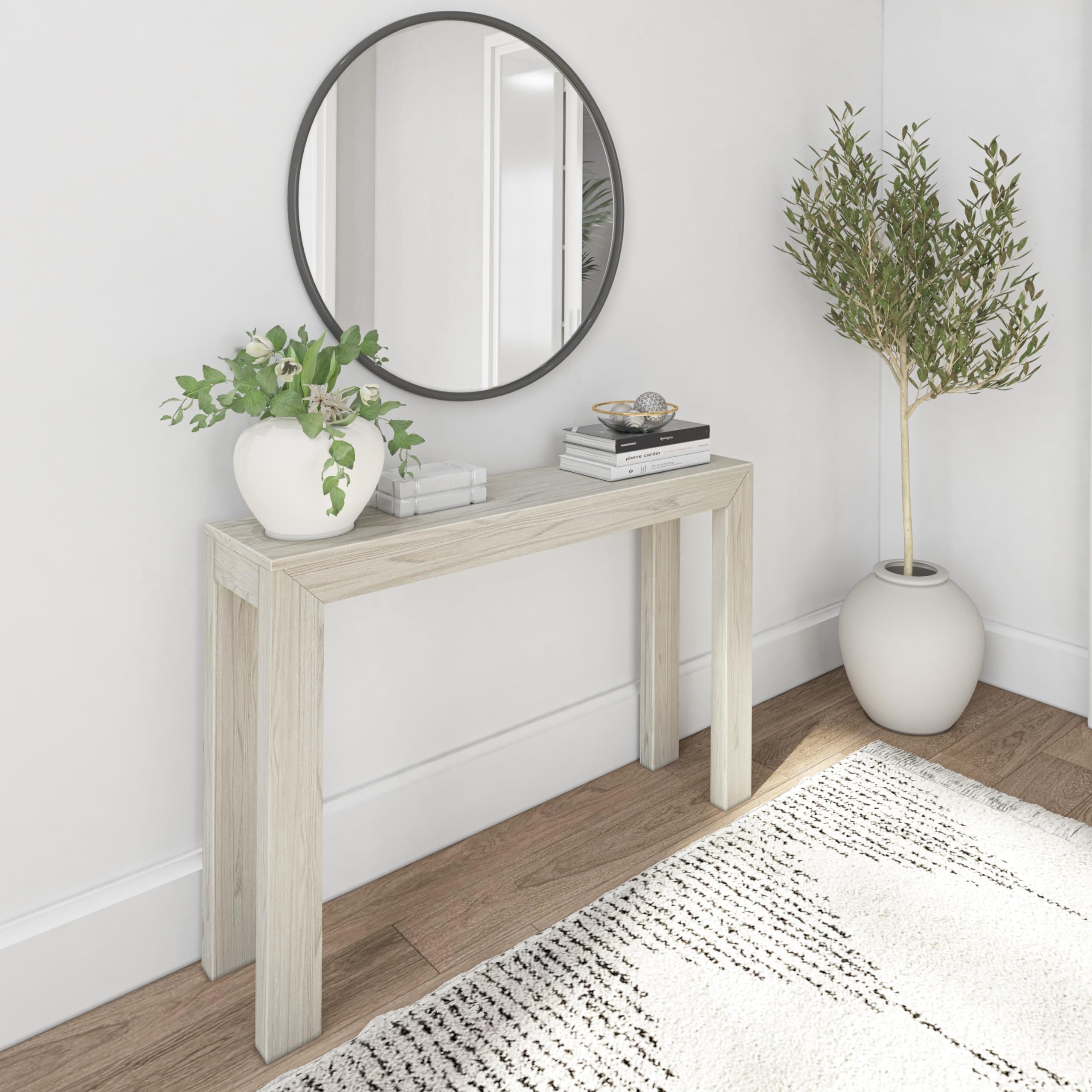 Solid Wood Console Table, 46.25 Inch, White Sand Wirebrush