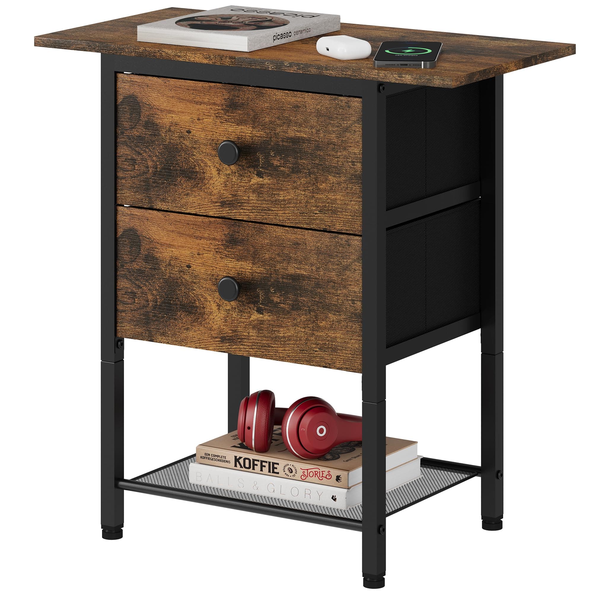 Rustic Brown End Table with 2 Drawers and 2-Tier Storage Shelf