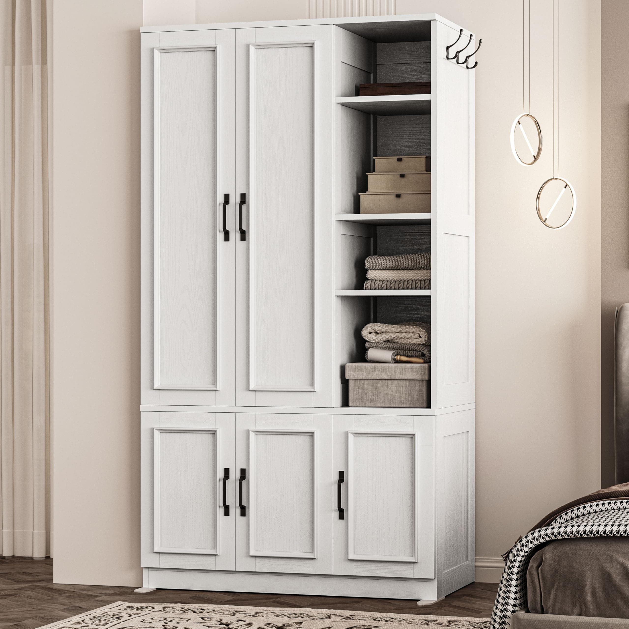 Wooden Armoire Wardrobe Closet with 5 Doors and 4 Storage Shelves for Hanging Clothes