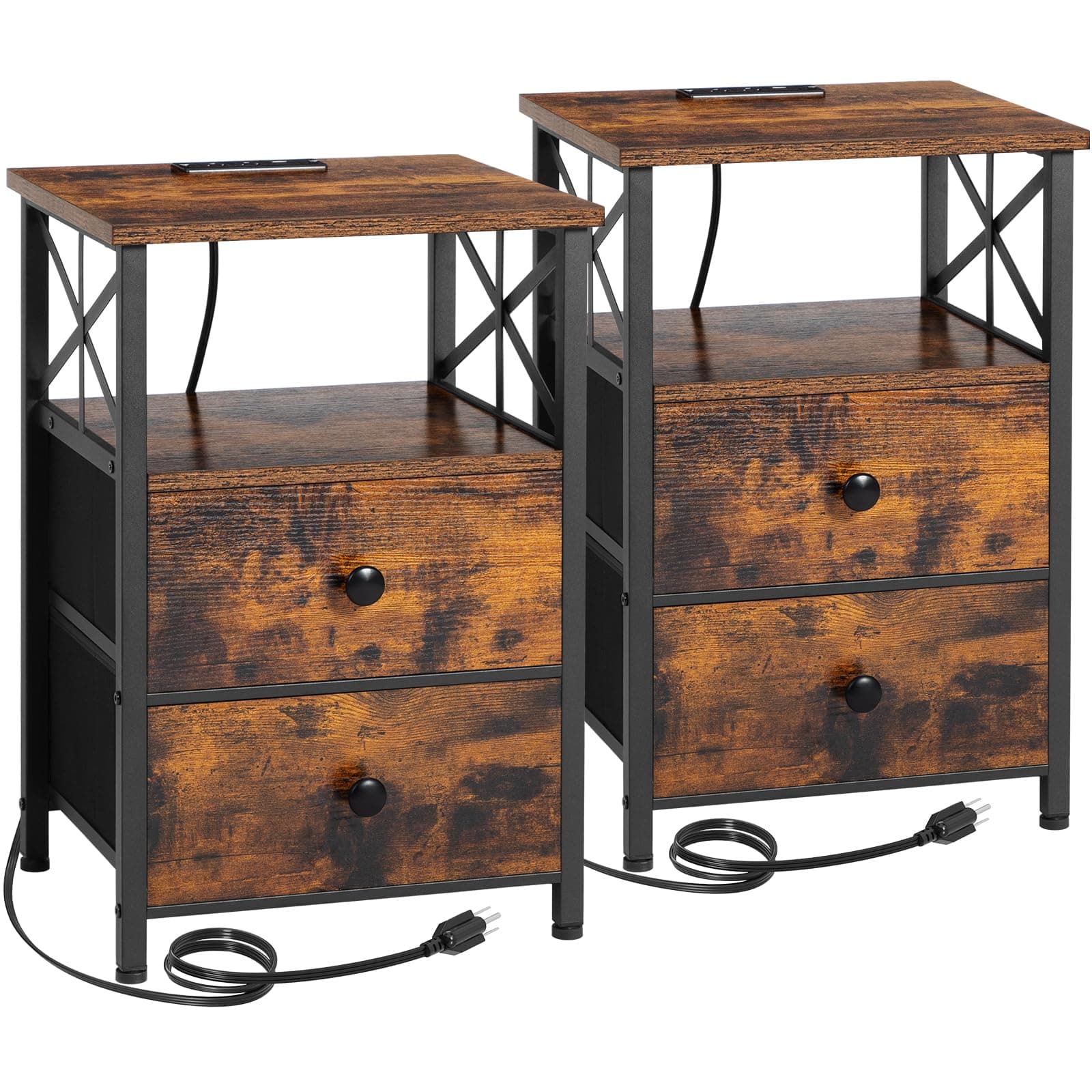 AMHANCIBLE Rustic Brown Night Stand Set with Charging Station HET05XBR