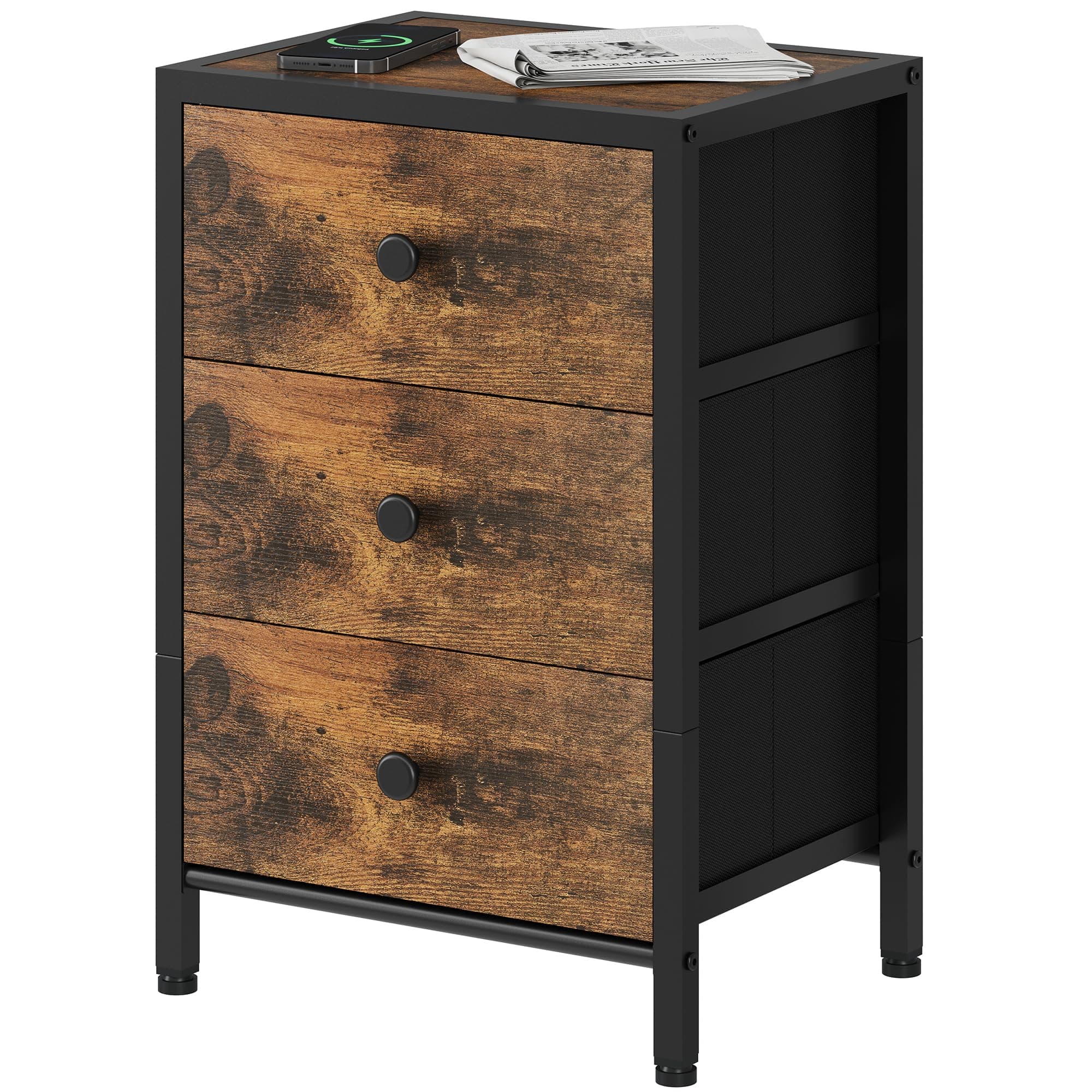 Gewudraw Nightstand: Rustic Brown End Table with 3 Drawers and Storage Shelf