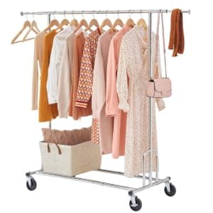 Heavy Duty Clothes Rack with Wheels and Extendable Rod, Freestanding Clothing Rack for Hanging Clothes, Adjustable Rolling Racks