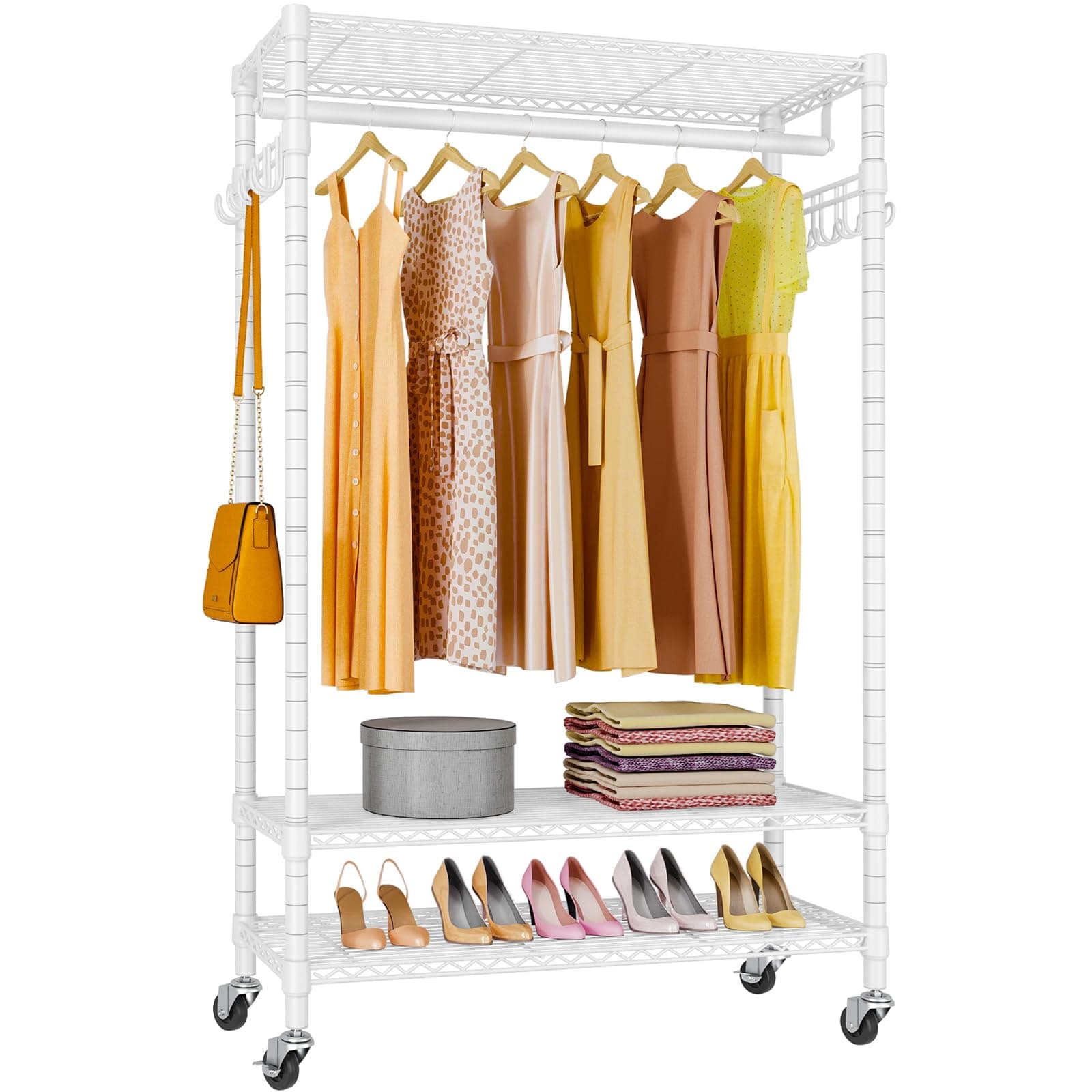Heavy Duty Rolling Clothing Rack with Wheels and Hooks