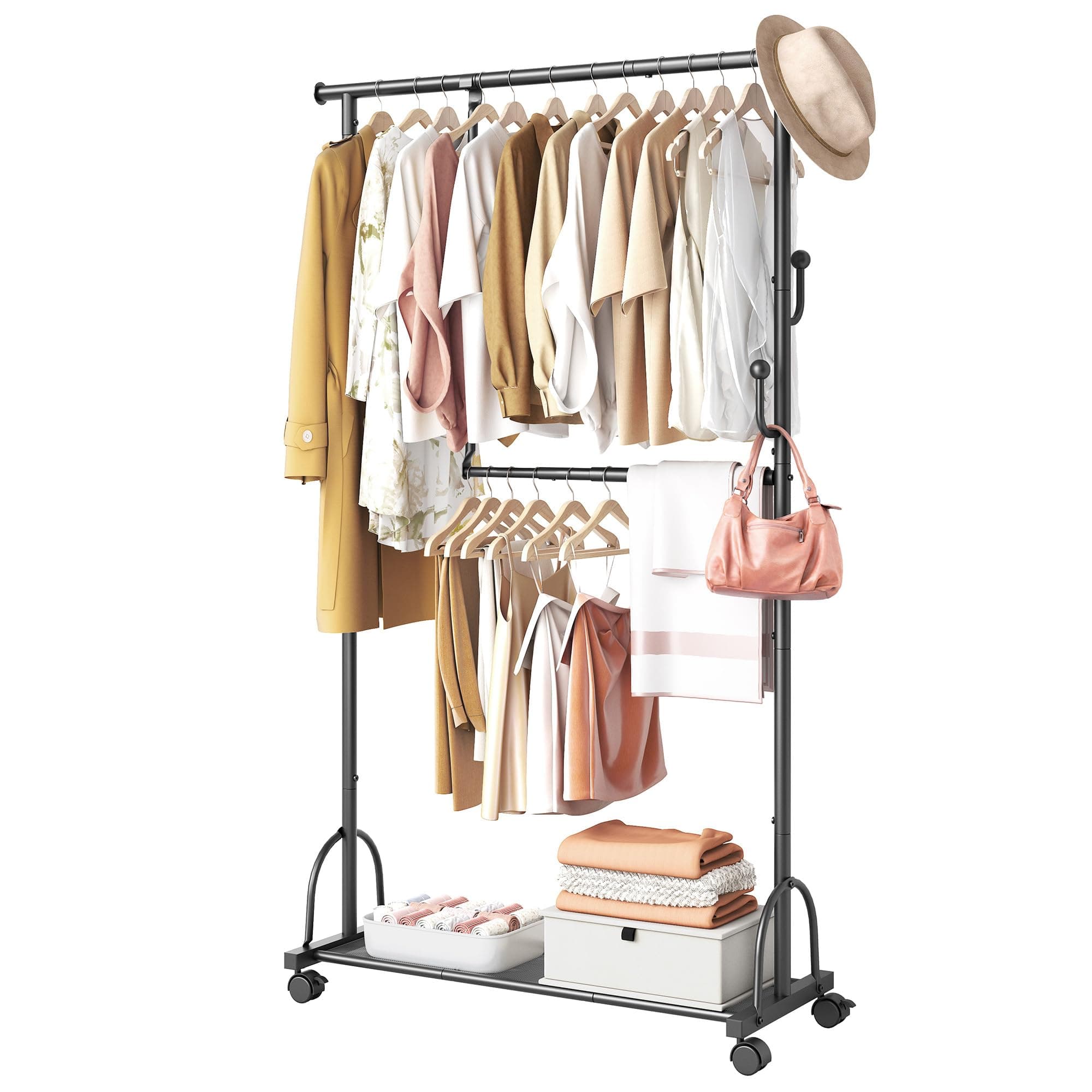 Double Rod Clothes Rack with Wheels - Rolling Garment Rack with Shelf, Sturdy Closet Organizer, Easy Assembly
