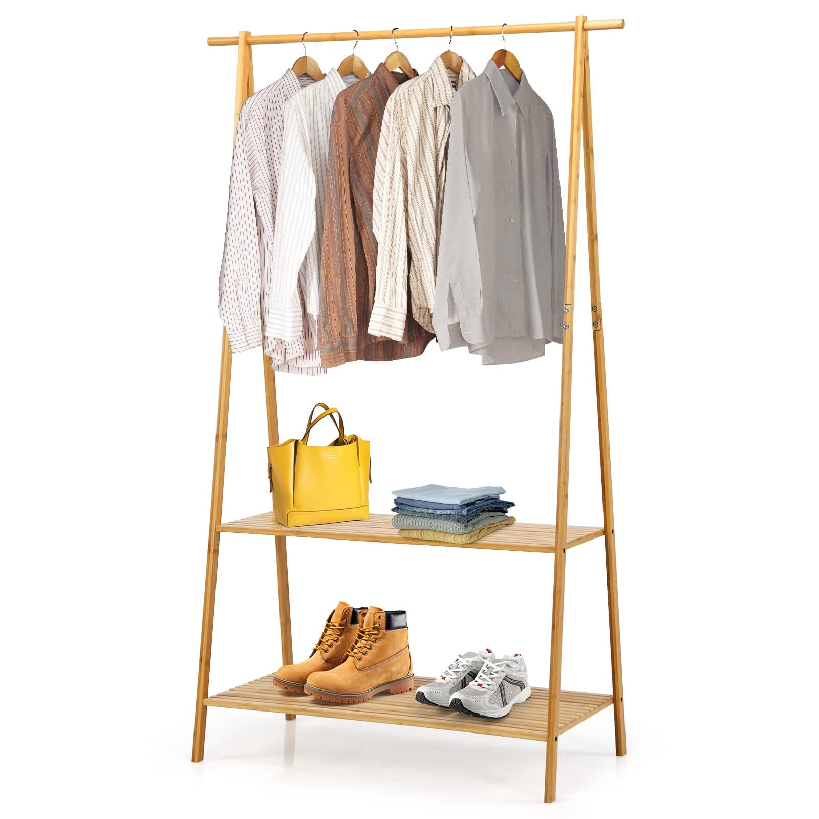 Bamboo Clothing Rack with Anti-tipping Devices and Storage Shelves