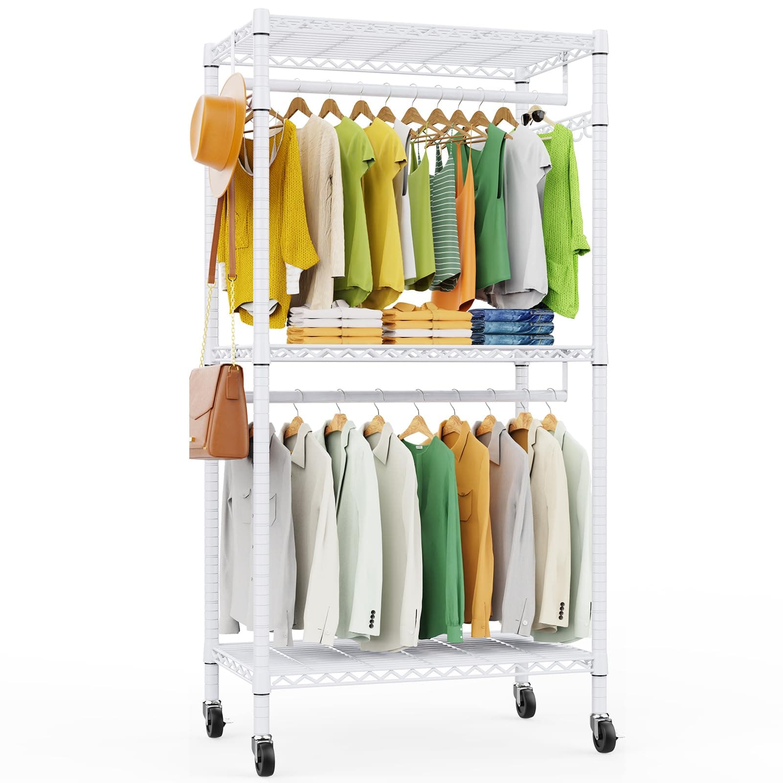 Heavy Duty 3-Tier Rolling Clothes Rack with Storage Shelves and Lockable Wheels - White.